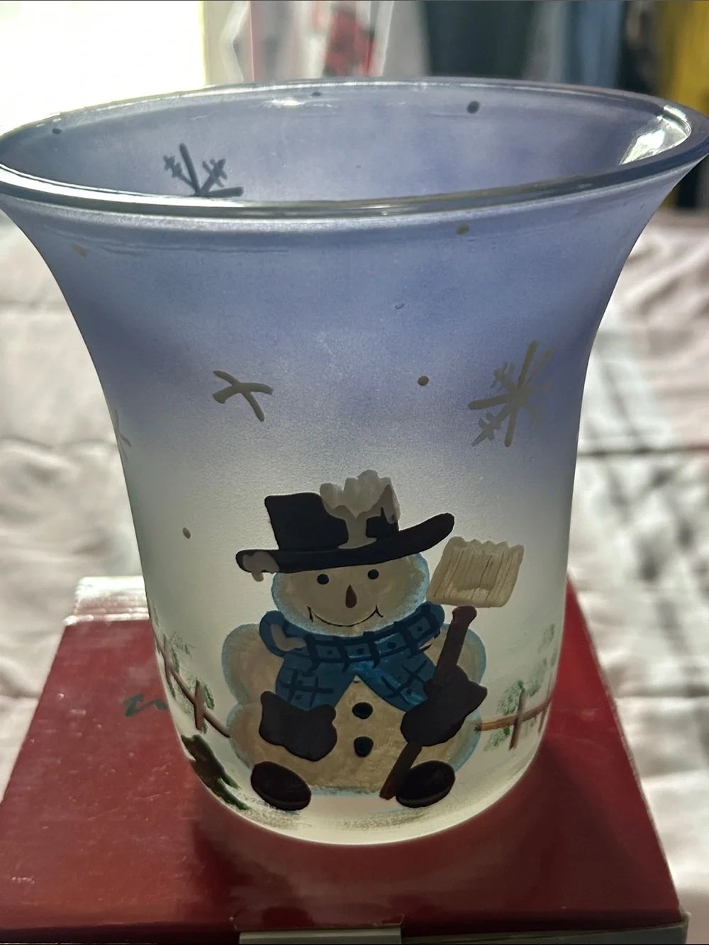 6” Frosted Snowman Hurricane- Blue/White Brand New in Box